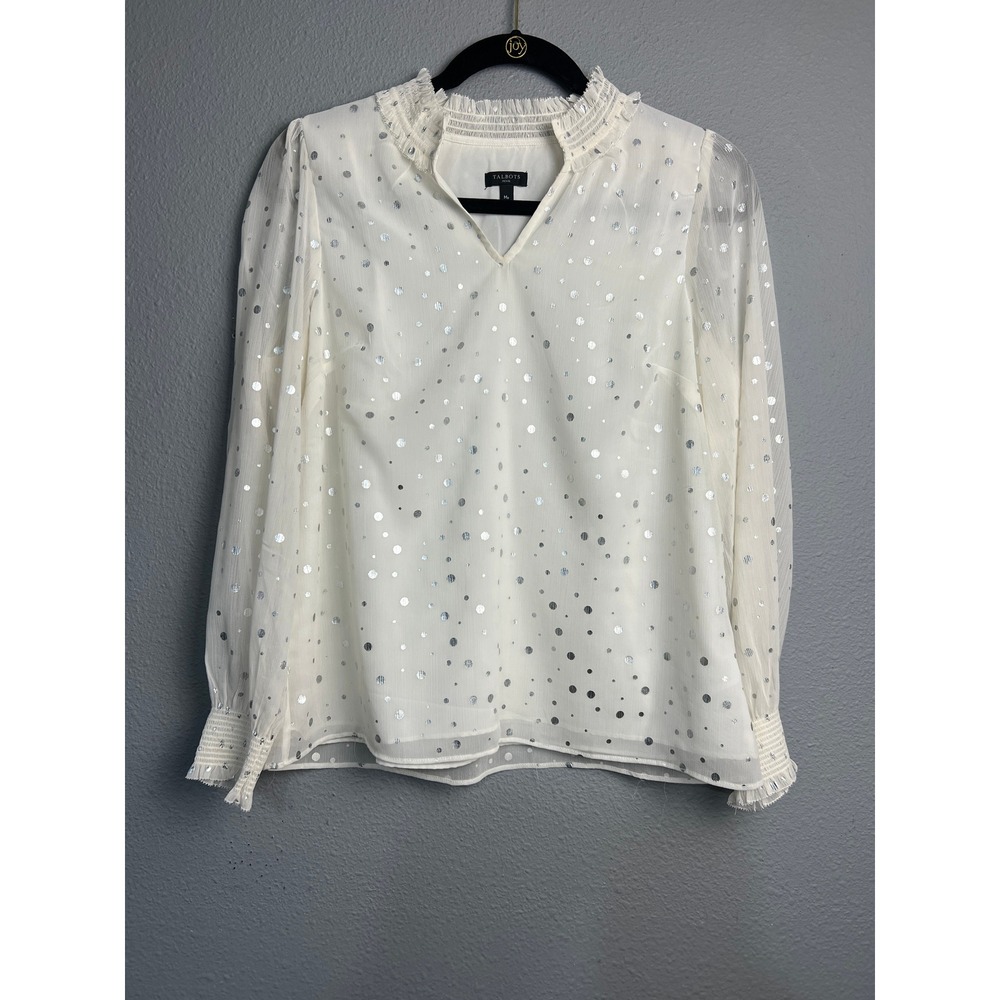 Talbots Petite Ivory Silver Metallic Polka Dot Ruffle Neck Blouse MP Office 80's